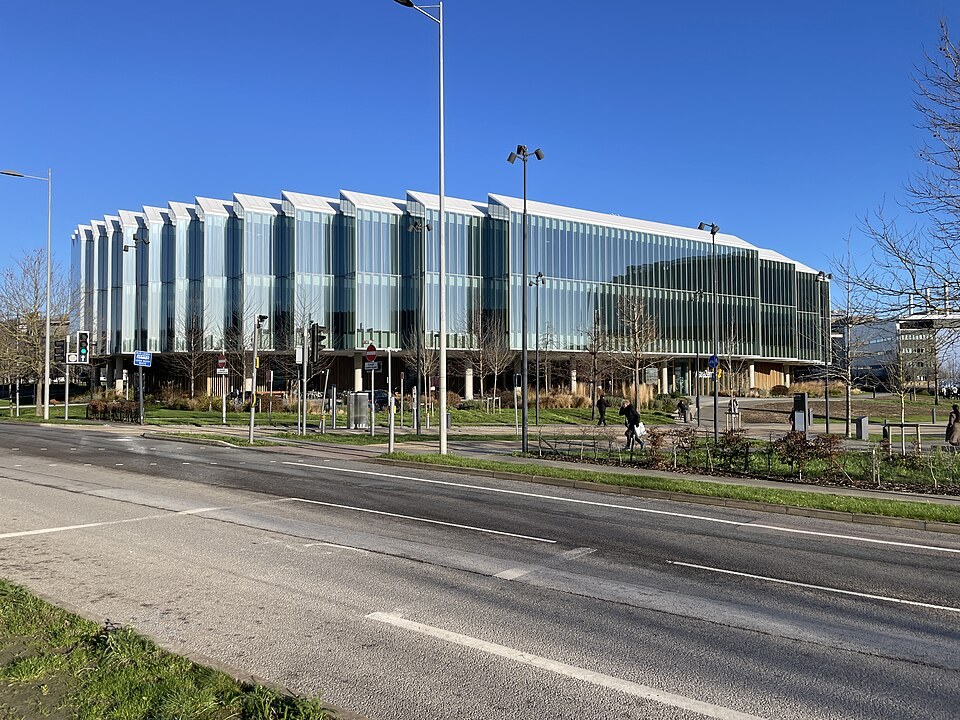 The Discovery Centre, AstraZeneca's research and headquarters building on the Cambridge Biomedical Campus, in January 2025