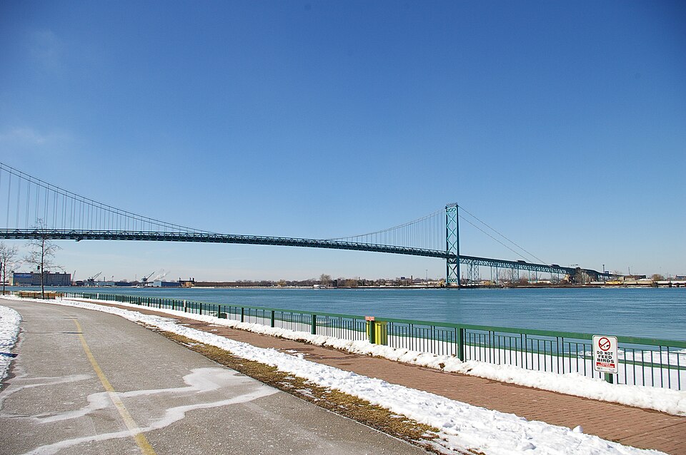 The Ambassador Bridge between Windsor, Ontario, and Detroit, the crossing with the most cross-border trucking, in February 2008