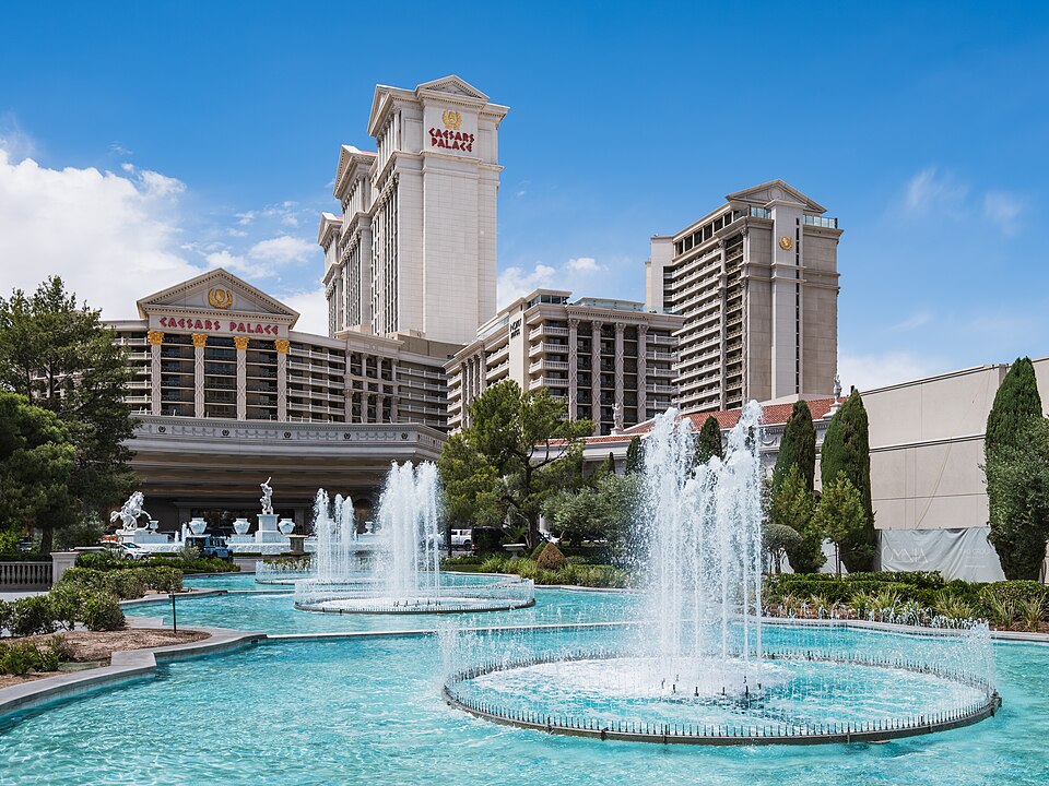 Caesars Palace on the Las Vegas Strip, with its fountains in the foreground, in April 2026