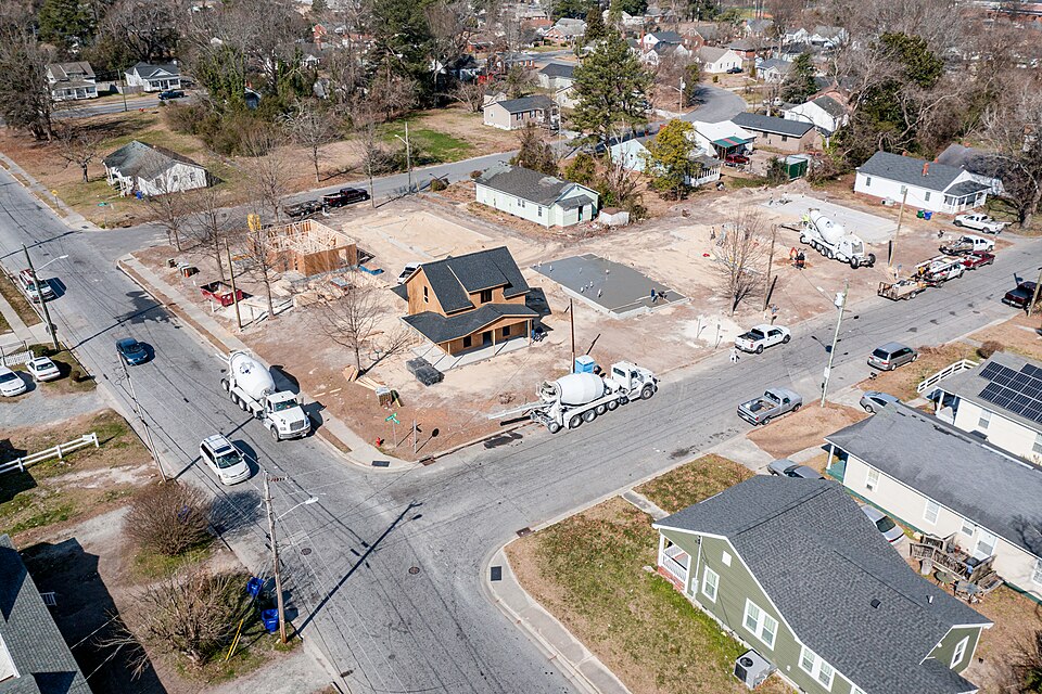 Houses under construction in Greenville, North Carolina, seen from the air in February 2024