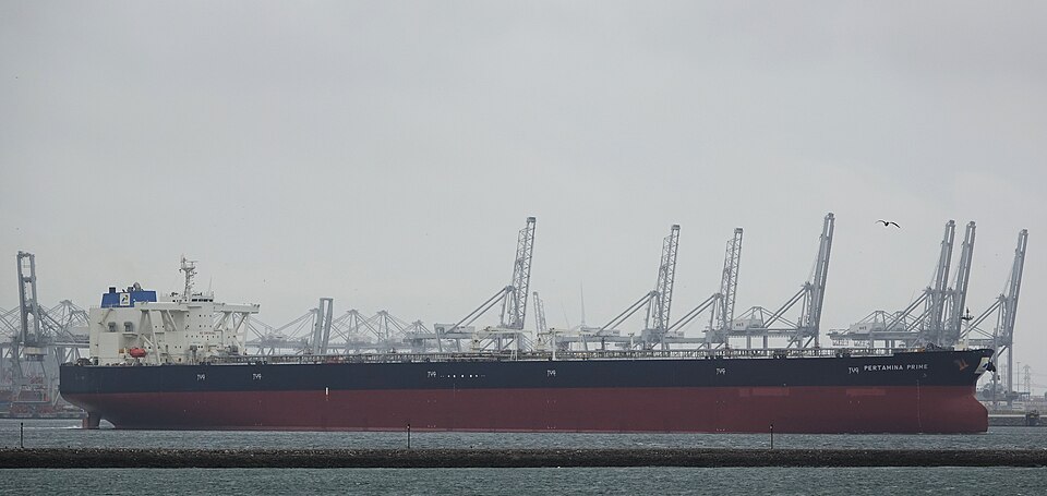 A very large crude carrier, the class of tanker loading Saudi crude in the Gulf and taking it on off Oman, seen in the Netherlands in 2022