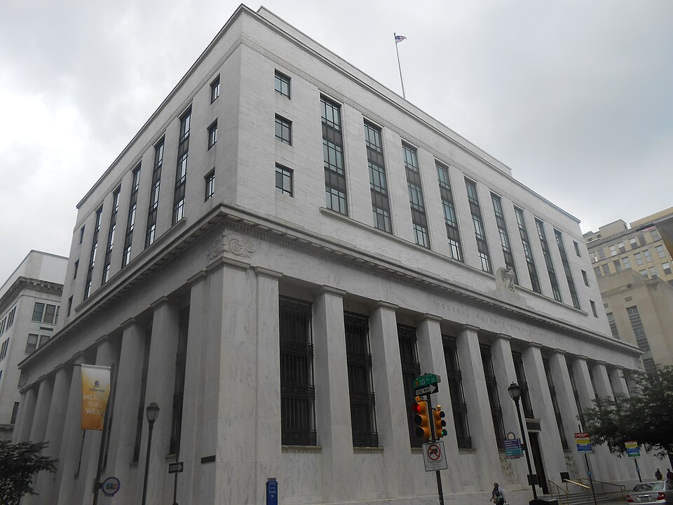 The Federal Reserve Bank of Philadelphia building on Independence Mall, photographed in July 2014