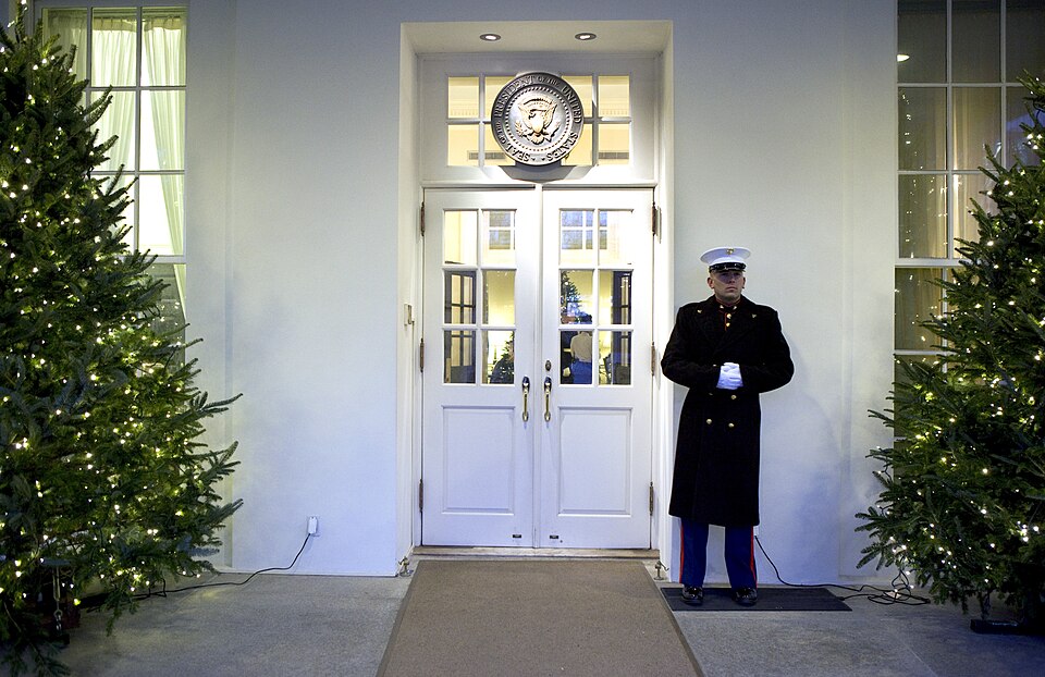 The entrance to the West Wing of the White House with a Marine sentry on guard, photographed in December 2010