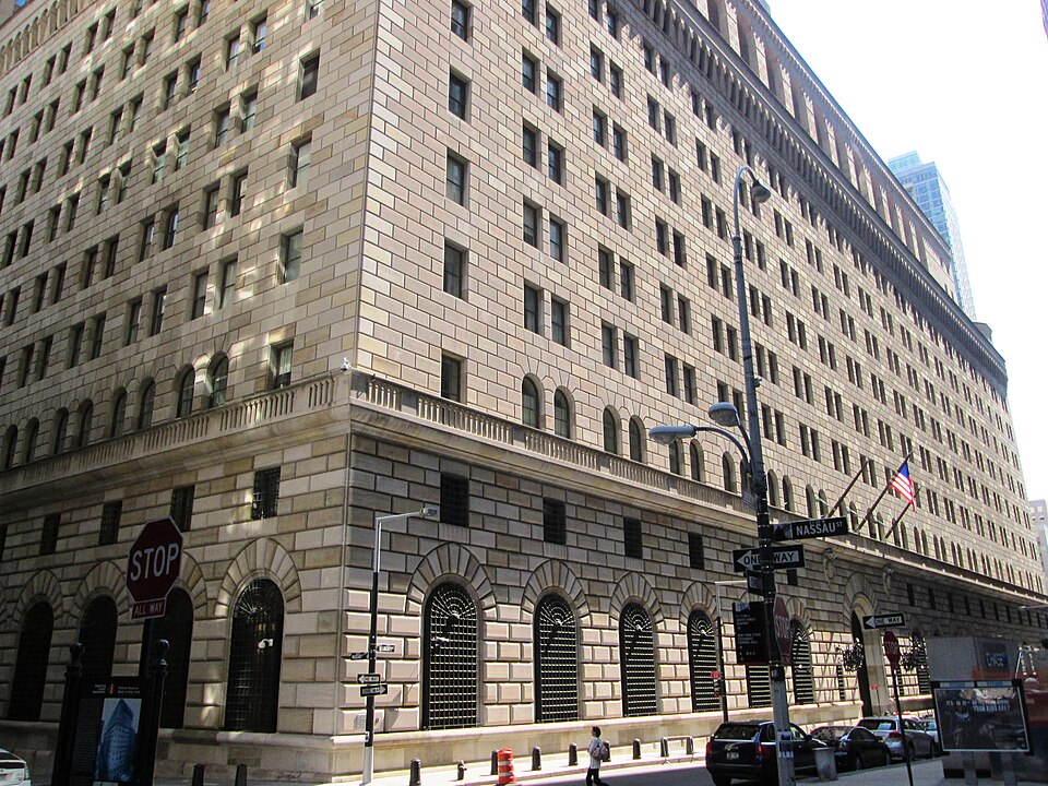 The Federal Reserve Bank of New York's building at 33 Liberty Street in Manhattan, seen from the west in April 2013