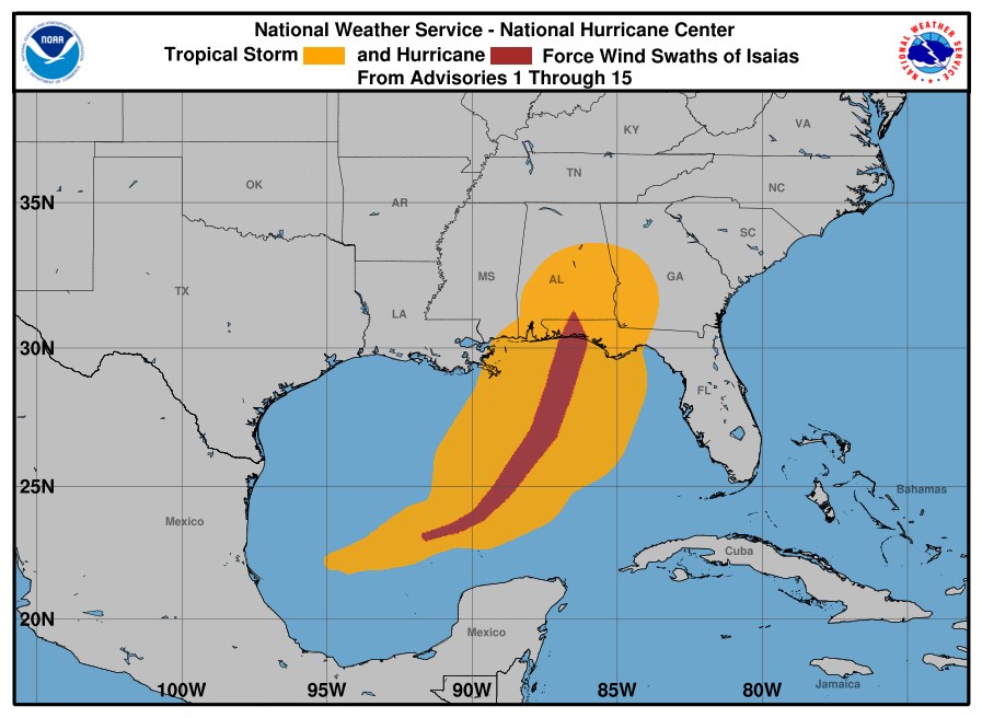 National Hurricane Center map of the Gulf of Mexico and the Southeast showing Isaias's tropical storm force wind swath in orange and hurricane force swath in dark red, running from the southern Gulf n