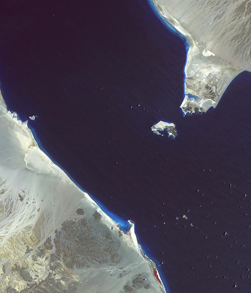 Satellite image of the Bab el-Mandeb, the strait that joins the Red Sea to the Gulf of Aden between Yemen and the Horn of Africa, taken by the ASTER instrument on 10 April 2017: dark open water betwee